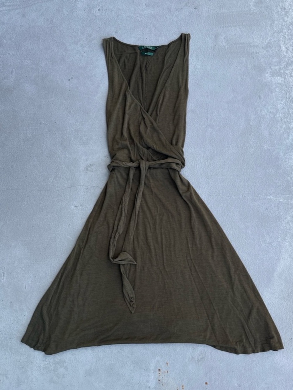 Lauren Ralph Lauren Premium 100% Silk Draped Midi Dress in Olive Size Medium